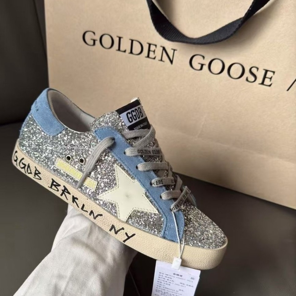 Golden Goose Women's Silver Glitter Sneakers with Blue Accents